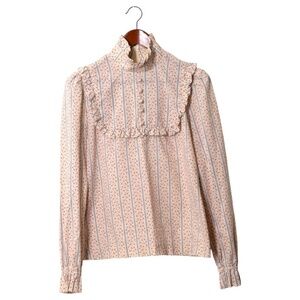 Vintage Oops Floral Print High Neck Peasant Blouse Ruffle Size Small 70s Cream